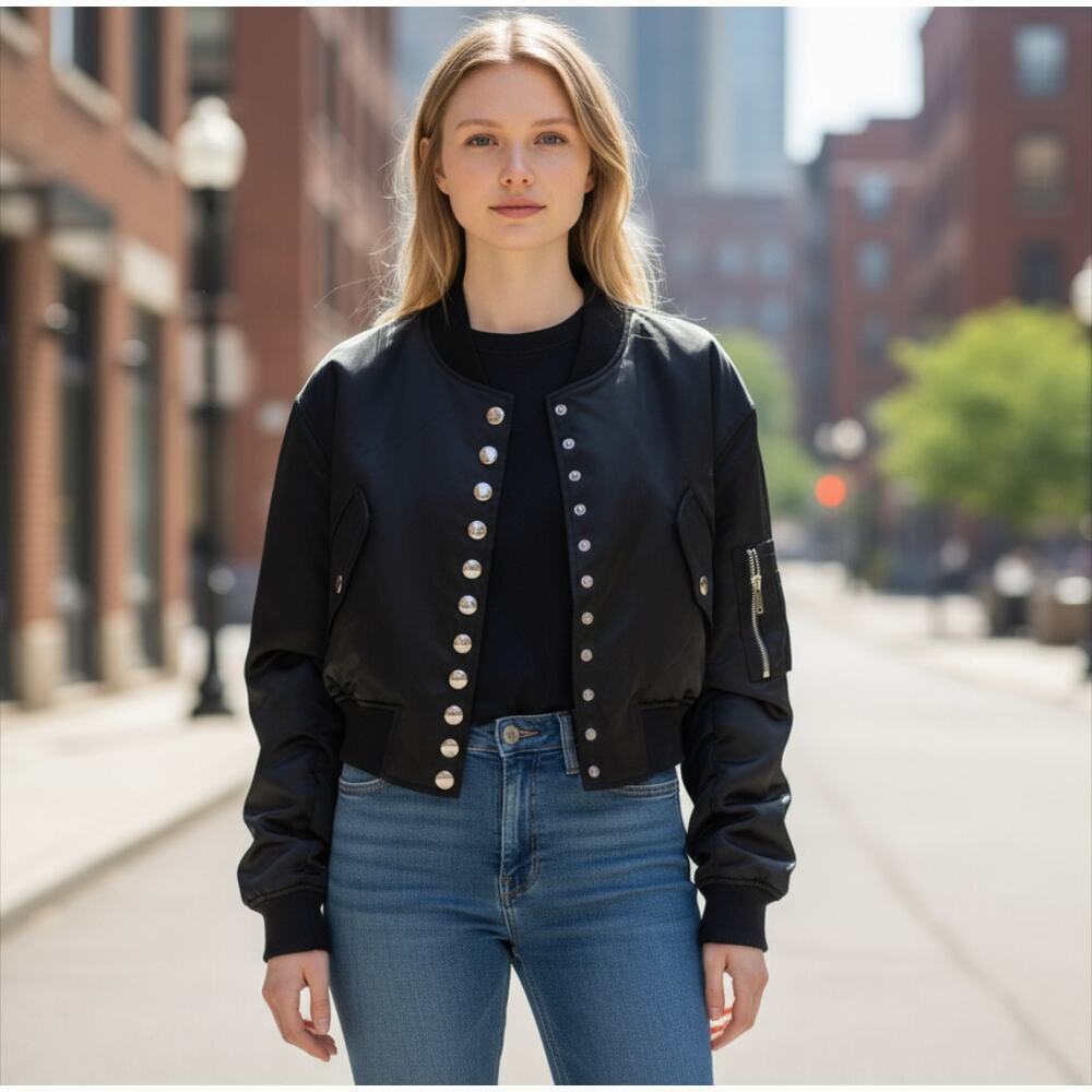 Black Bomber Jacket with Snap-Front Detail